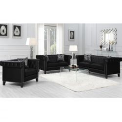 3 Piece Living Room Set Black Velvet With Nailhead Trim Button Tufted Brand New In Box Firm Price $1,399