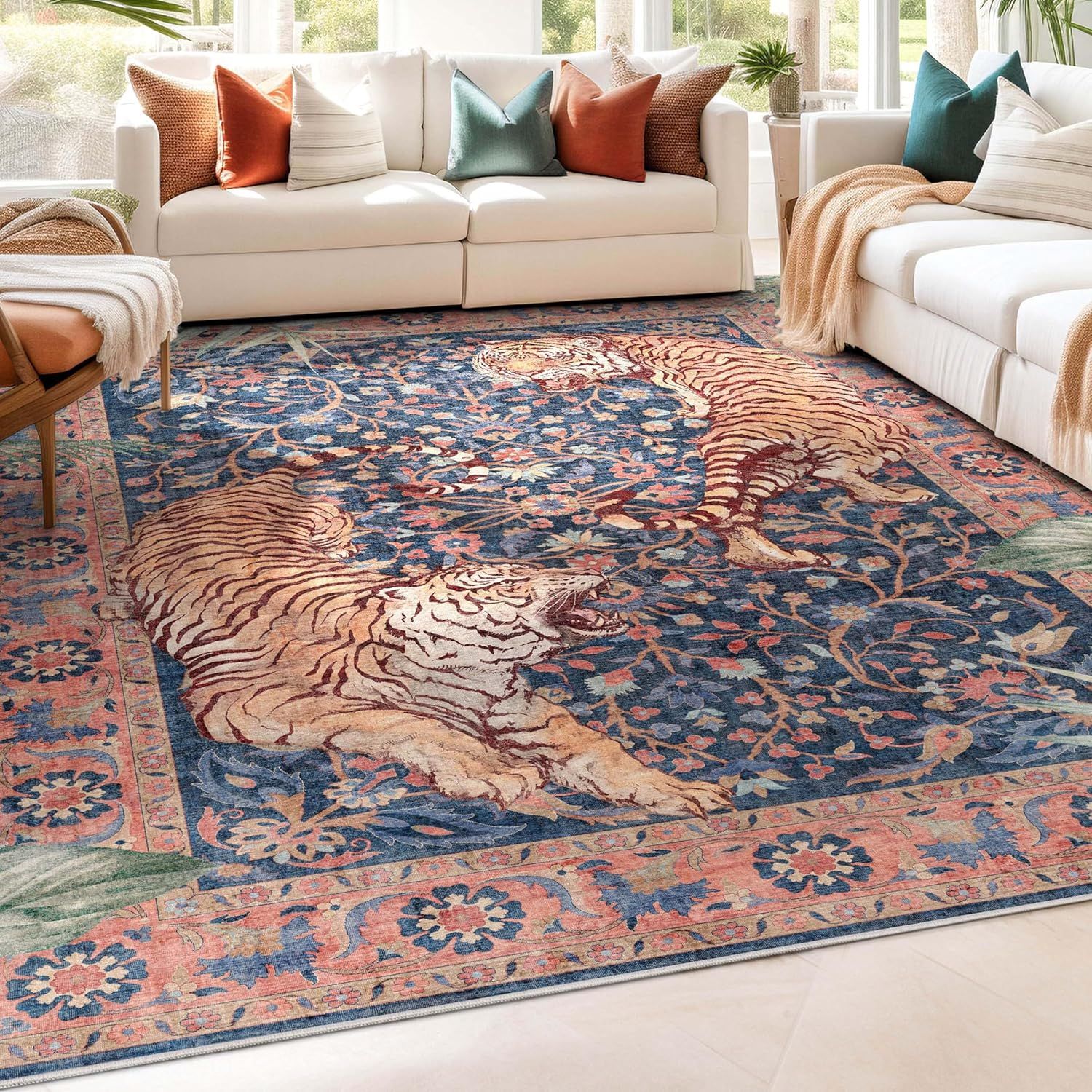 Well Woven Apollo Botanical Tiger Navy Washable Rug – Dining Room & Bedroom, 7'10" x 9'10", Durable