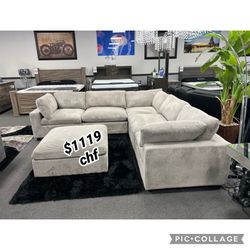 Gray Corduroy Modular Sectional Sofa With Ottoman 