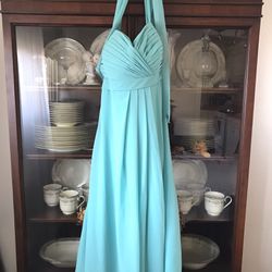Bill Levkoff Aqua Chiffon Knee Length Halter Style Fancy Dress For Weddings/Prom/Special Occasions - Bridal Size 12