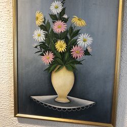 Hand Painted On Board Still Life  Vase Of Daisies Flowers , Yellow, Pink , White In A Gold Wooded Frame 18”x 24”