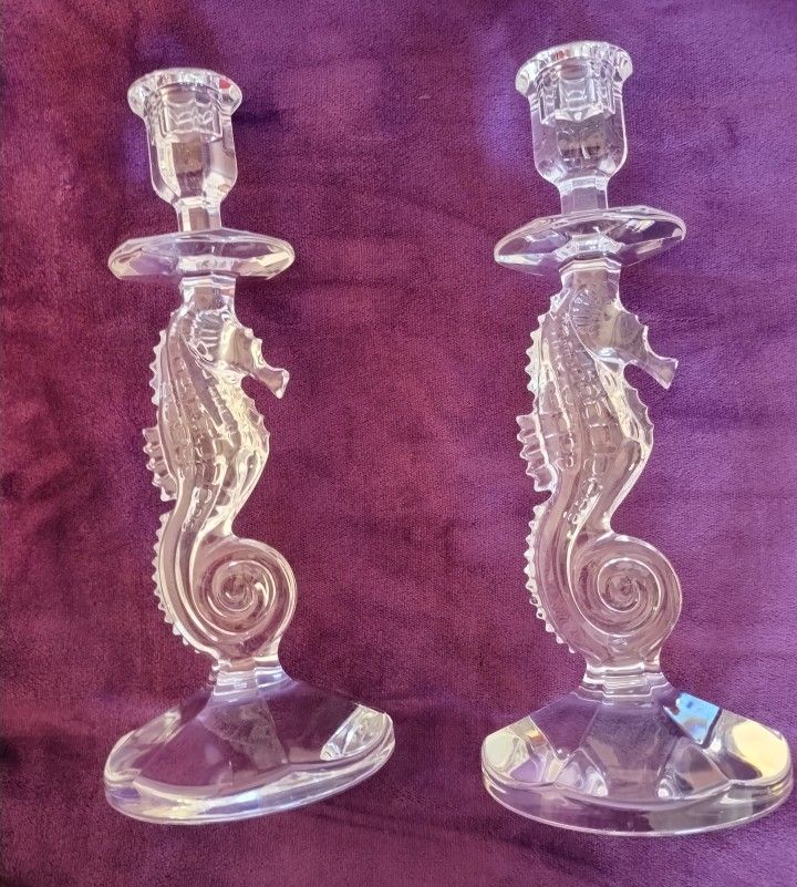 Pair Of Waterford Sea Horse Crystal Candlestick Holders 11.5 inches Tall