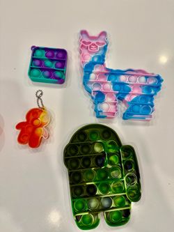 Set Of 4 Pop It Fidget Toys. Llama/Alpaca, Among Us Spaceman and 3x 3 square and littleman key chain. Great for anxiety, adhd, or just fun!