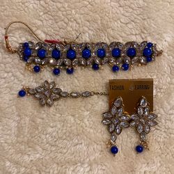 Bollywood Blue Indian Pearl Choker Kundan Tikka Set