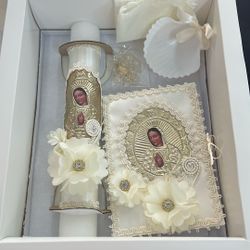 Baptism Candle Set for Boys and Girls,5 PCS Baptism Kit Virgen De Guadalupe Catholic Candle,Towel,Shell,Rosary,Bible for Baptismal Christening First C