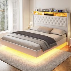 CIKUNASI Floating King Size Bed Frame with Headboard and Storage, 60“ Upholstered Bed Frame with LED Light and Charging Station