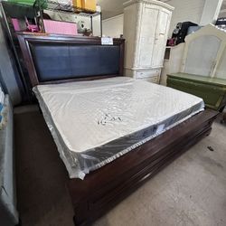 SALE Coaster Cal King Bedroom Set | Leather Headboard & 2 Marble Top Nightstands