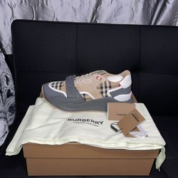 Burberry Ramsey Vintage Check Suede Leather Sneakers Grey Archive Beige