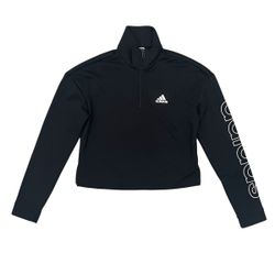 Adidas Womens XS Fleece Sweatshirt Loose Cropped 1/4 Zip Mock Neck Black