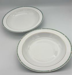 2 Pcs Bernardaud Limoges Gemme Vert Rimmed Soup Bowls 11" Jade Green Gold Set