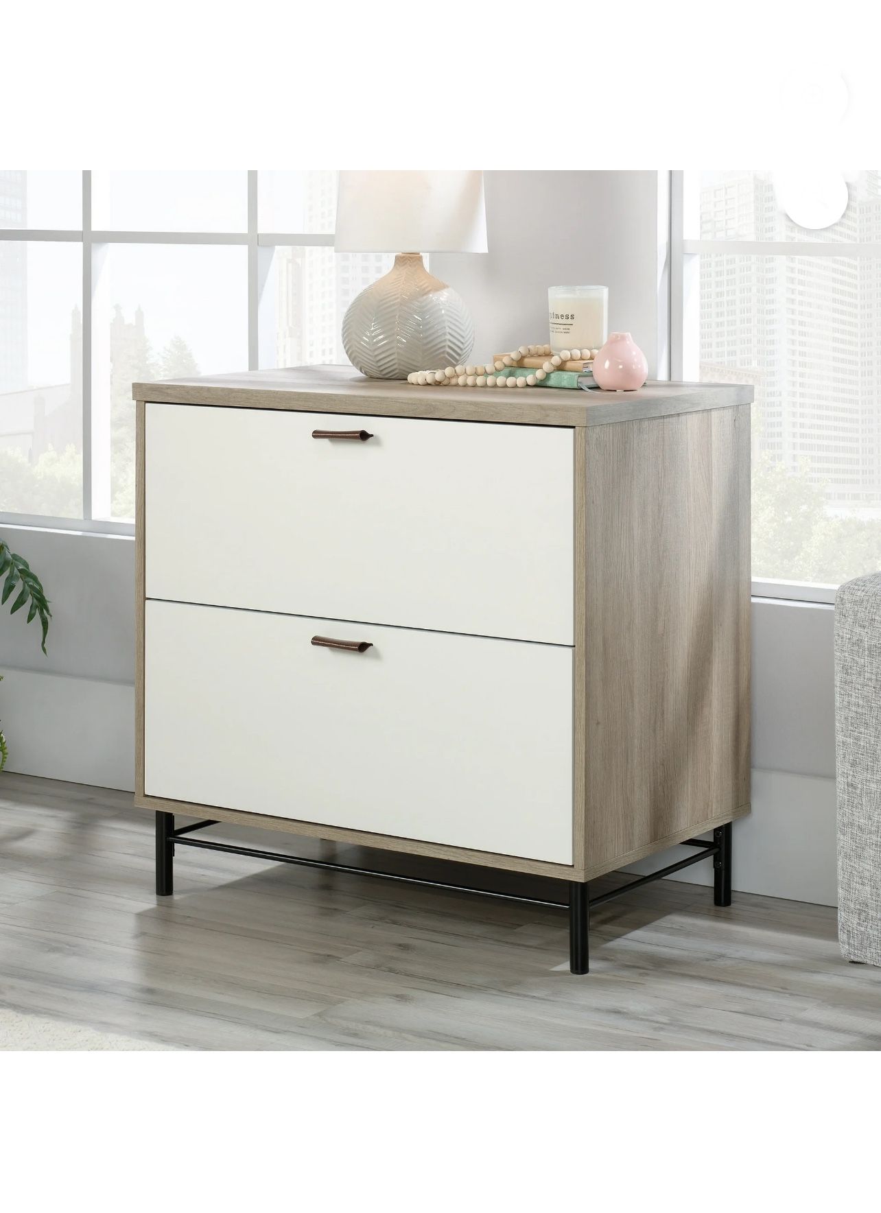 Wood Lateral File Cabinet with White Accents, Sky Oak Finish, New in Box