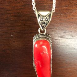 925 sterling silver coral pendant with necklace 19’