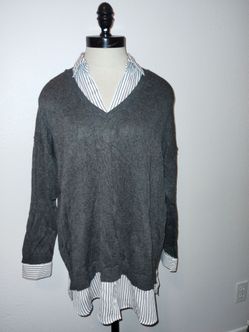 Adrianna Papell Women's Gray White Long Sleeve Collared Sweater Shirt Size M