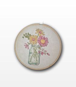 Handmade Cross Stitch Daisy Mason Jar Floral Hoop Art 6 Inch