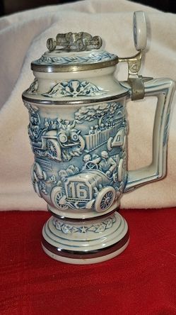 Vintage 1989 Avon "RACING CAR" Ceramic Beer Lidded Stein Pewter Ceramarte Brazil G8B030