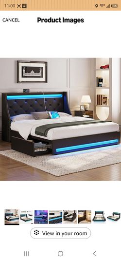 Rolanstar Queen Bed Frame with LED Lights and Charging Station, PU Leather Bed with Drawers, Wooden Slats, Noise Free, Easy Assembly, Black