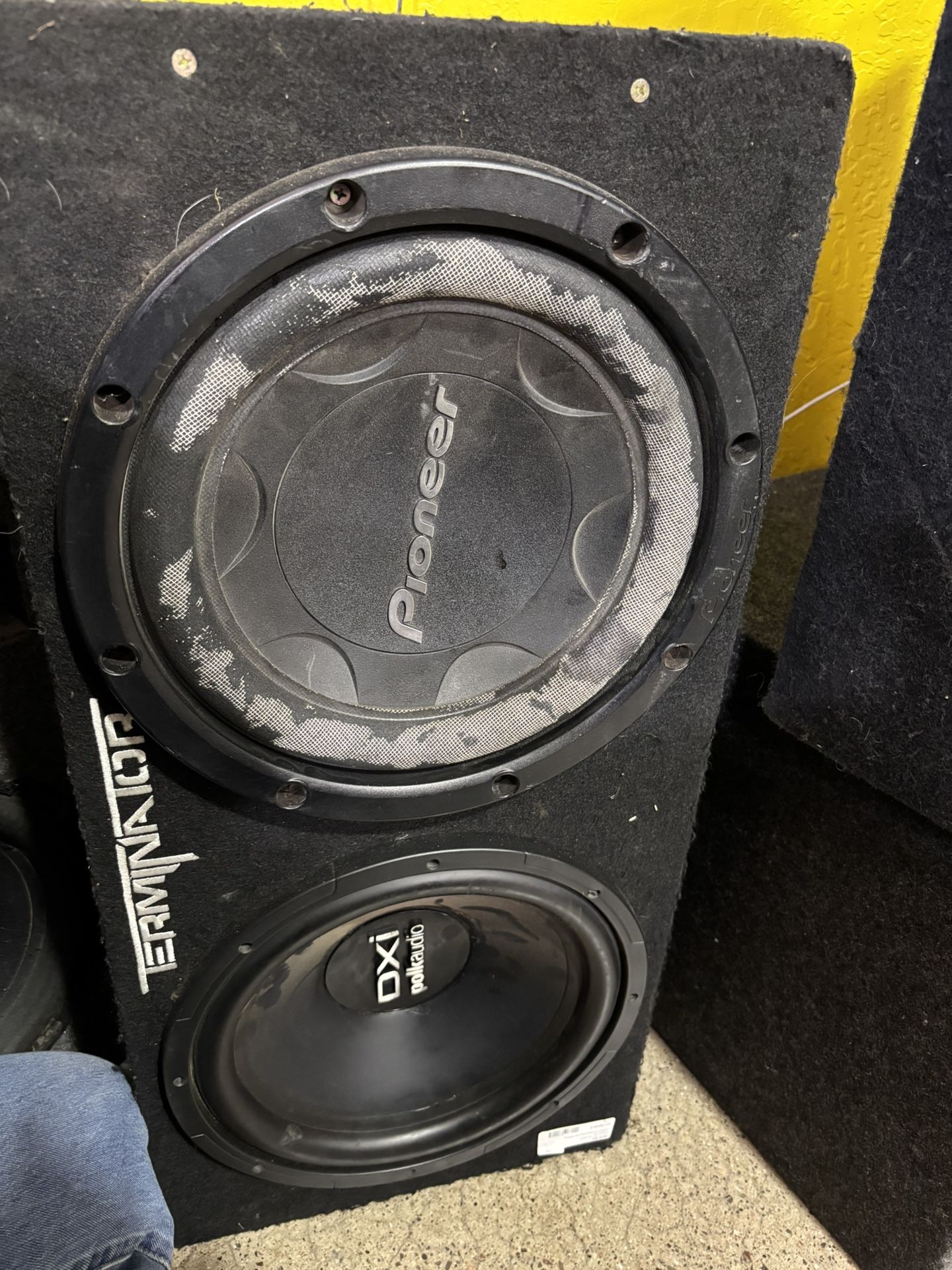 Pair Of Mixed Car Audio Subwoofer Speakers In Terminator Box Work Great