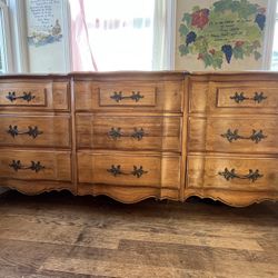 French Provincial Style Dresser, 9 Drawers, Pecan Wood