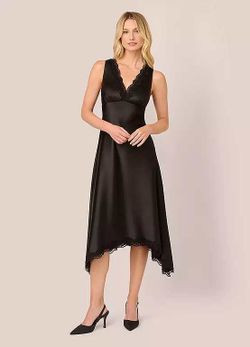 Adrianna Papell Black Satin Lace Trim Romantic V Neck Midi Dress Sz 4 Vintage