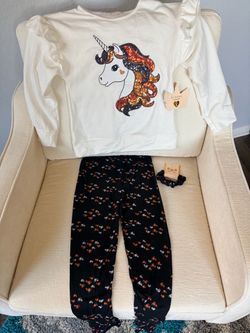 Btween Size 8 Girls 3 Piece outfit Sequin Unicorn Heats Scrunchie - Brand New!