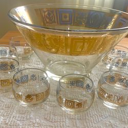 Mid Century Culver Coronet Punch Bowl w/ 11 Roly Poly Punch Glasses