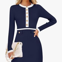 ZESTCA women's Fall Long Sleeve Boaycon sweater Dress Crewneck Button Knit Color Block Party Mini Dresses