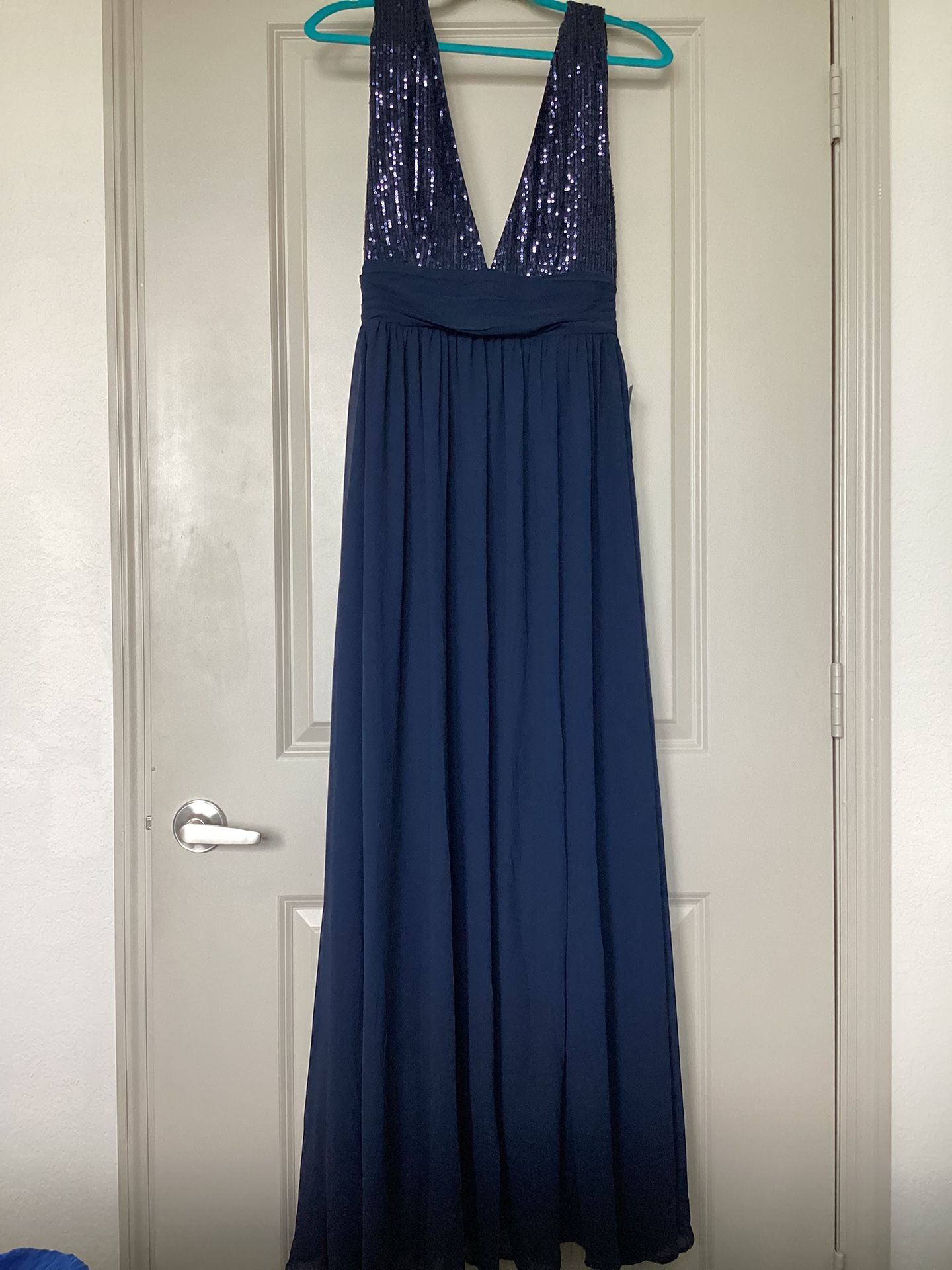 Navy blue sequin halter cocktail dress
