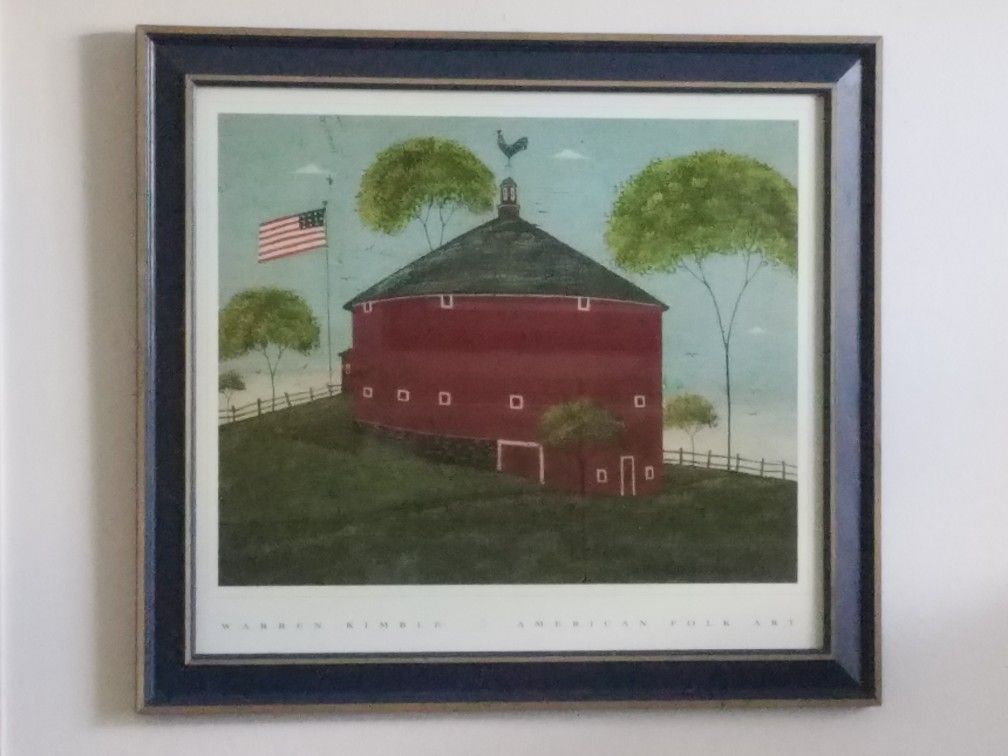 Warren Kimble American Folk Art framed print "Round Barn" in great condition.