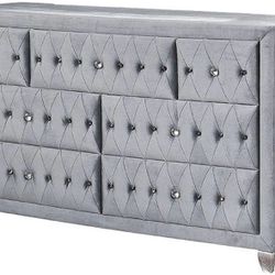 Grey Velvet Dresser W/ Acrylic Buttons Brand New In Box 