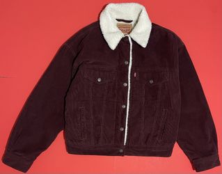 Levi’s Sherpa Corduroy Trucker Jacket Burgundy Vintage Style Warm Lined
