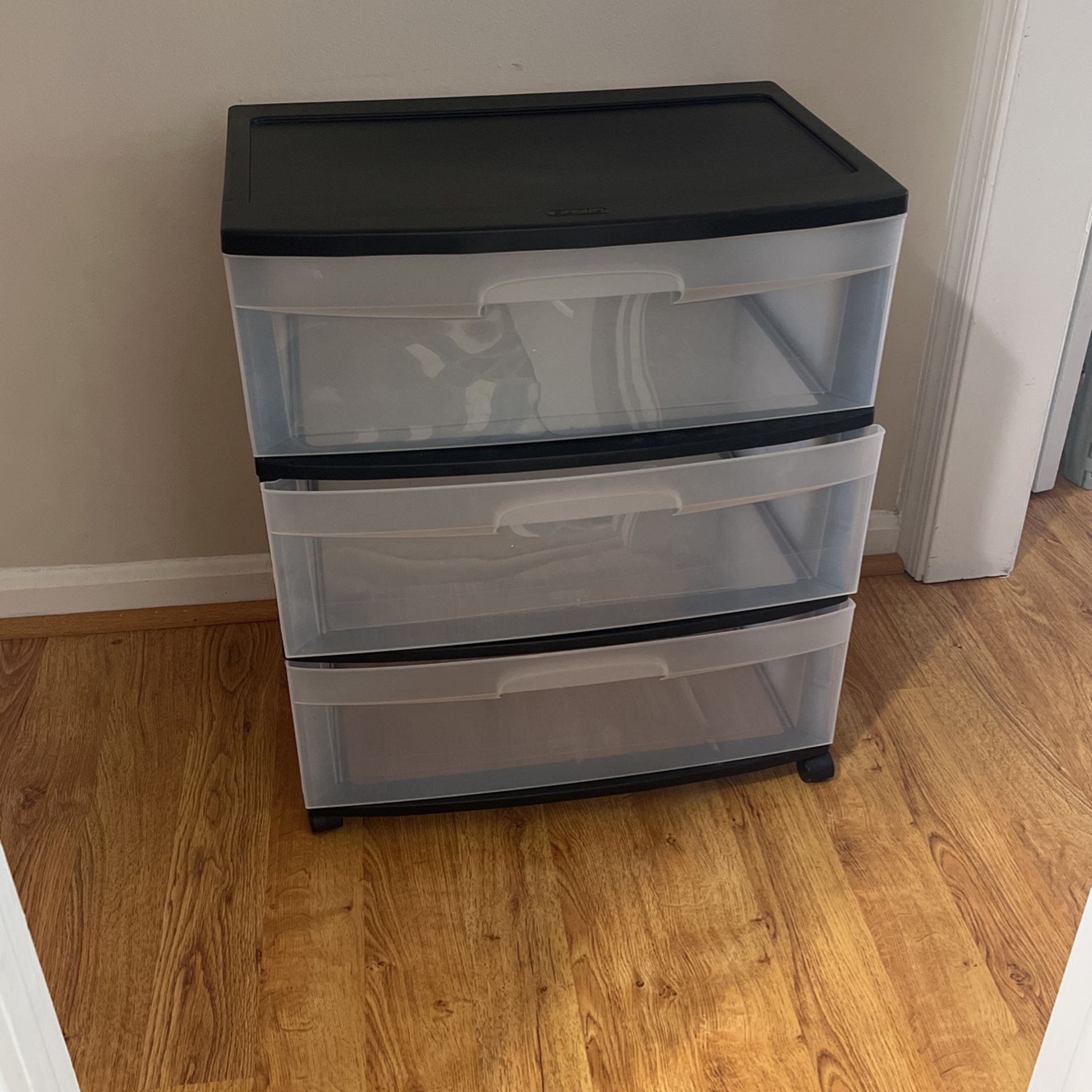 Must Sell Today- Black plastic Drawers/ Dresser With Wheels 