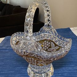 Vintage Crystal Basket Grapes Leaves Hand Cut 