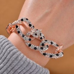 Black and White Austrian Crystal and Enameled Cuban Link Chain Panther Bracelet in Rosetone (8.0-10In) Pulsera 