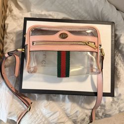 Gucci Ophidia Mini Transparent Shoulder Bag with pink leather trim and the signature green and red web stripe