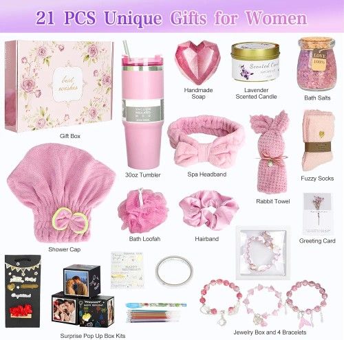 Birthday Gift Baskets for Women, 21 Piece Handmade Surprise Photo Pop Up Box Self Care Gift for Friend Mom Her Sister Wife Girlfriend Coworker, Get We