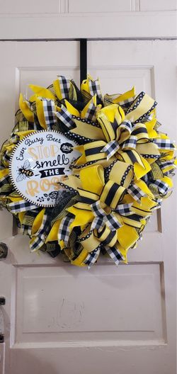 “Even busy bees stop and smell the roses” bumblebee spring wreath
