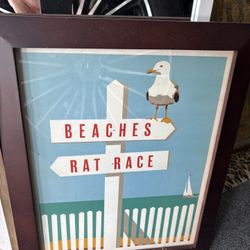 Framed Beach Ocean Art Behind Glass In Wood Frame.  Arrows Point To BEACHES & To RAT RACE.  Only $15. OR 2 Flamingo Art Prints $30 For The Pair.  