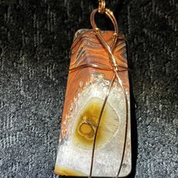 Banded Carnelian Agate Pendant Wrapped In Copper Wire