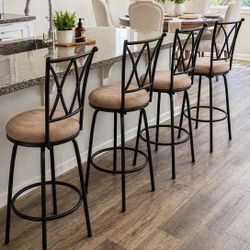 VECELO Set of 4 Brown 360° Swivel Bar Stools with Scroll-back Footrest and Detachable Heel for Kitchen Counter and Living Room