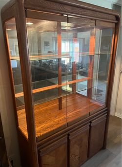 Large Wood Curio with mirror background and glass shelves