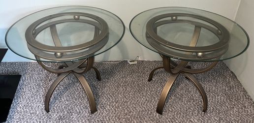 Brass Tone Metal Glass Top Round End Tables - 2 Total