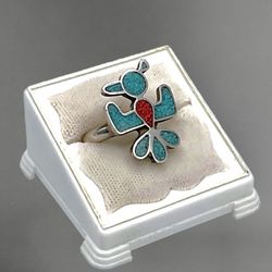 Vintage Peyote Bird Sterling, Turquoise & Coral Ring
