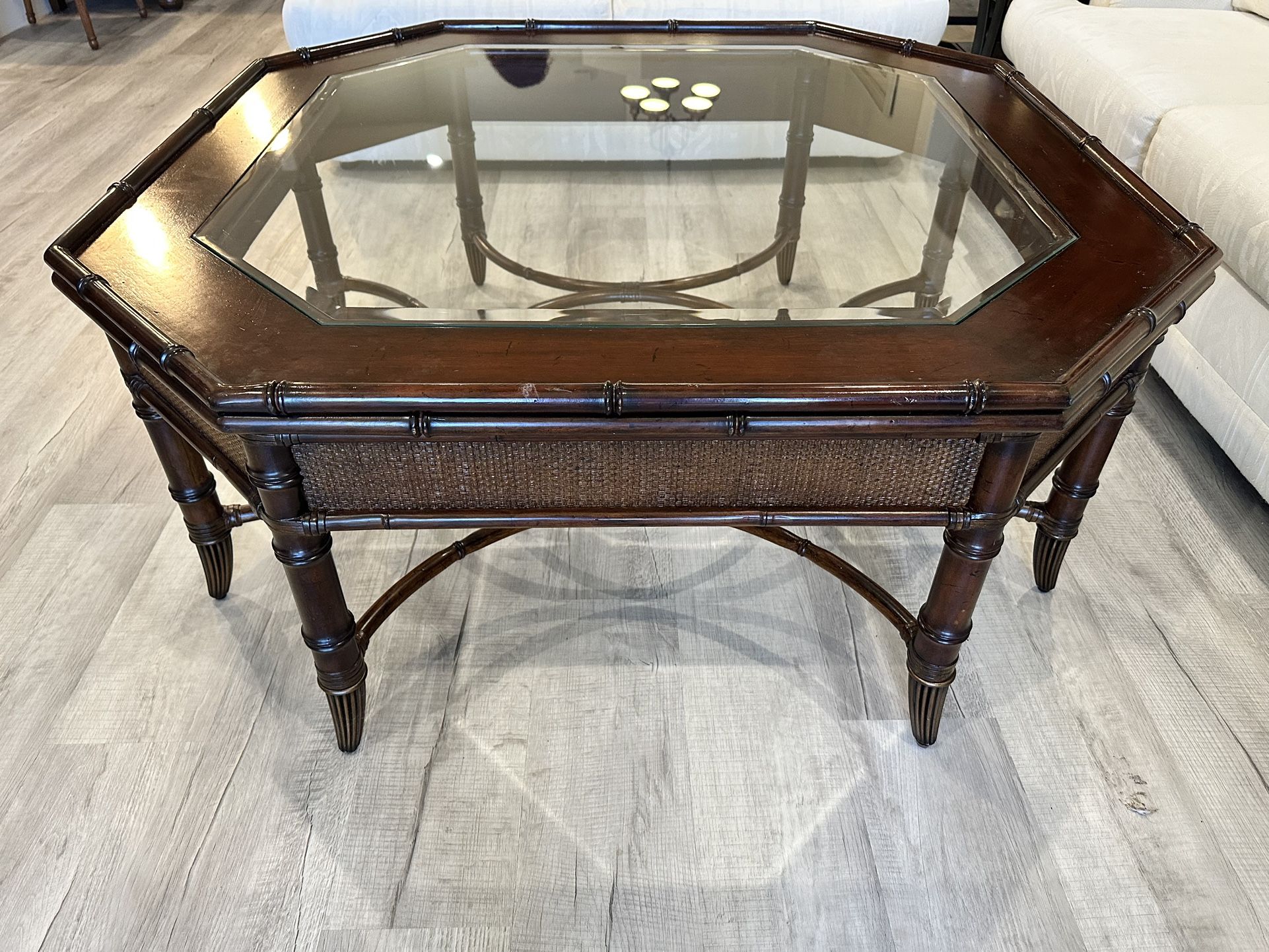 Tommy Bahama Inspired Octagon Dark Wood & Glass Coffee Table