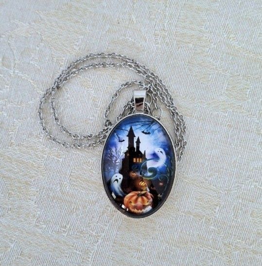Haunted house, ghosts, pumpkin large oval cabochon silver tone necklace w/BONUS
