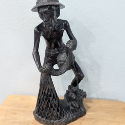 Vintage Balinese Hand-Carved Wooden Sculpture of a Fisherman Holding a Net 16.5" tall