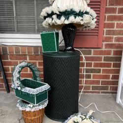 Complete Vintage Green Lace & Satin Décor Set - Lamp, Hamper, Trash Can & More