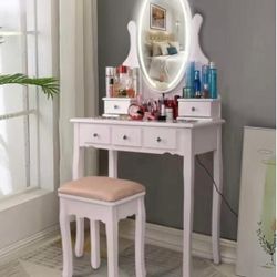 Vanity Table Set with Lighted Mirror, Makeup Dressing Table and Cushioned Stool Set with 5 Large Drawers for Women Girls