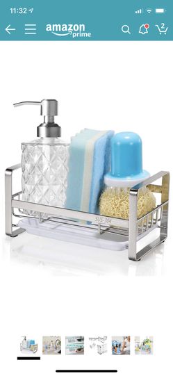 Sponge Holder, Kitchen Sink Organizer, Sink Caddy, Sink Tray Drainer Rack, Brush Soap Holder with Removable Tray (Silver)