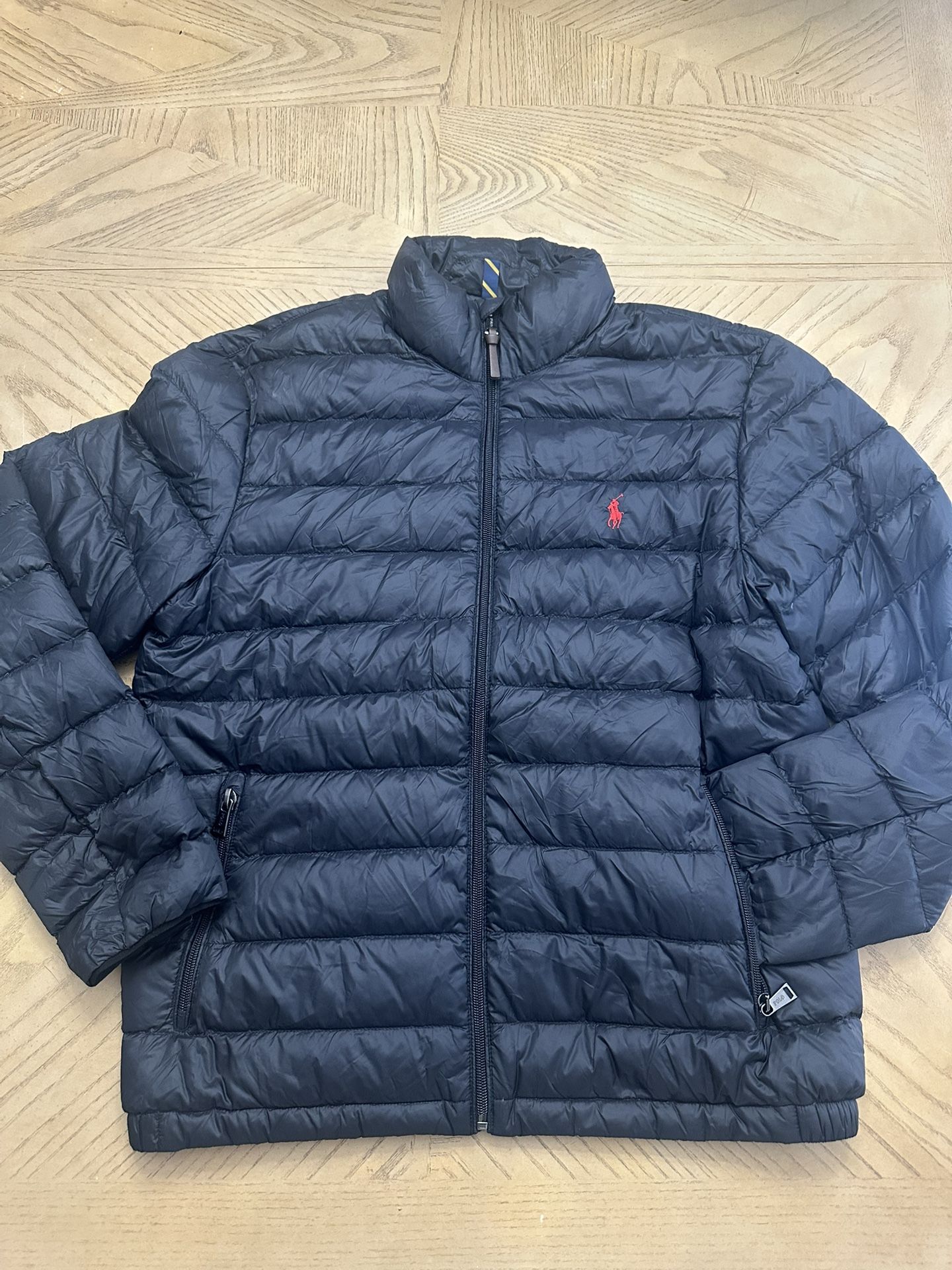 Polo Ralph Lauren Mens Black Blue 100% White Duck feathers Neck Puffer Jacket size medium