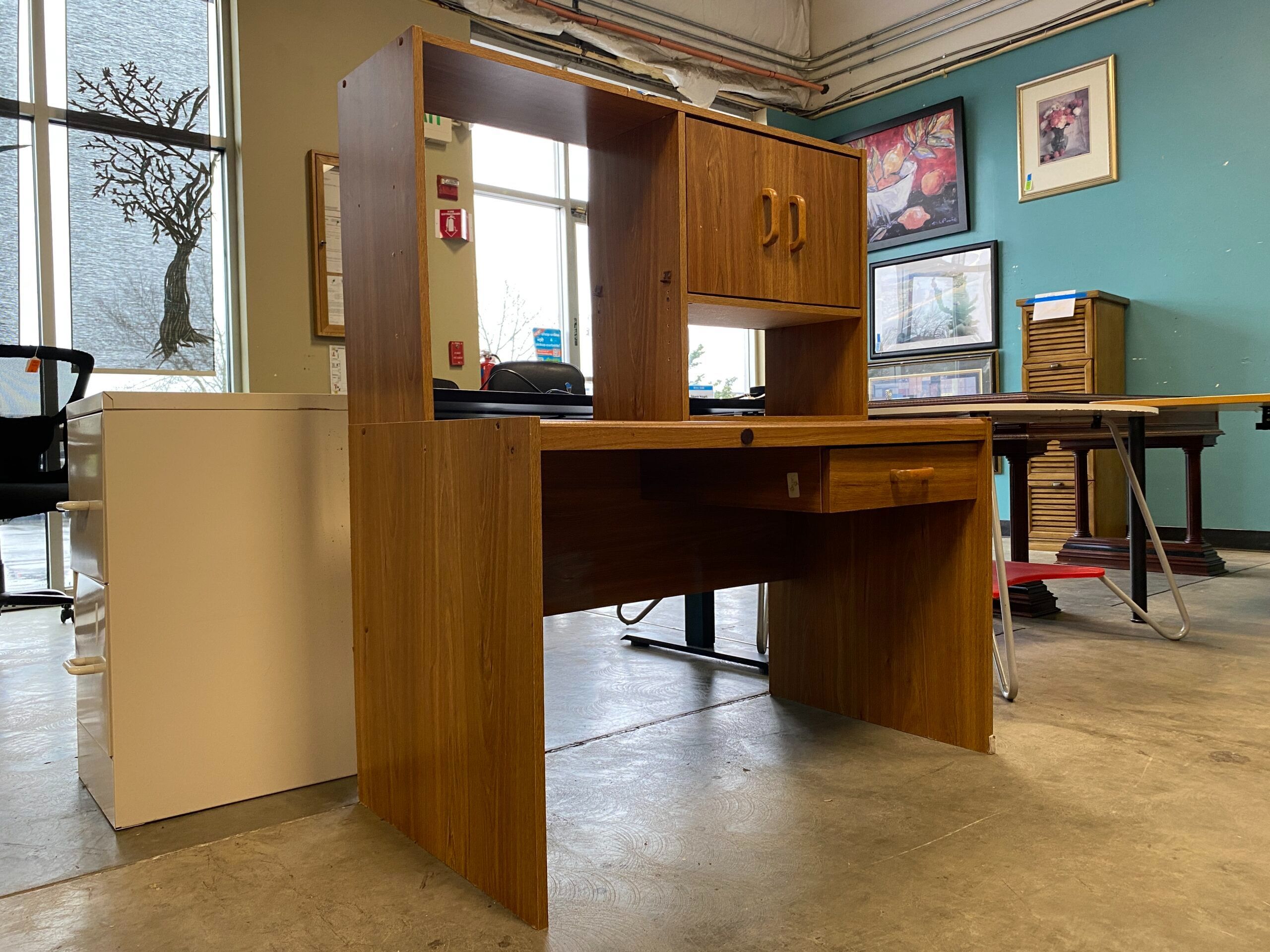 Wooden Office Desk with Built In Cabinet